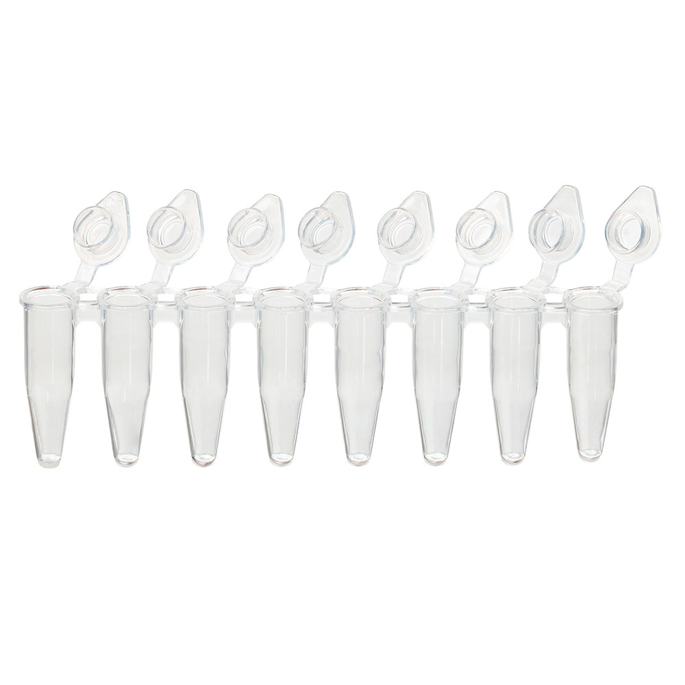 Globe Scientific DiamondLink 0.2mL 8-Strip Tubes, with Individually-Attached Flat Caps, Clear Image